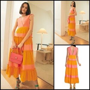 LDT Colorblock Boho Tiered Maxi Dress Coral Flamingo Sz 4 NWT $219 Cottagecore